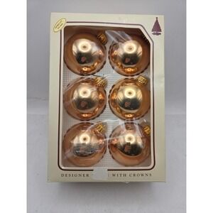 6 Vintage Christmas by Krebs Pink Glass Ball Ornaments Bright Gold Bulbs W/ BoxC